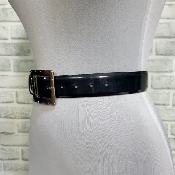Vintage 80s 90s Linea Pelle Smooth Dark Blue Leather Belt Studded Buckle - Picture 4 of 10